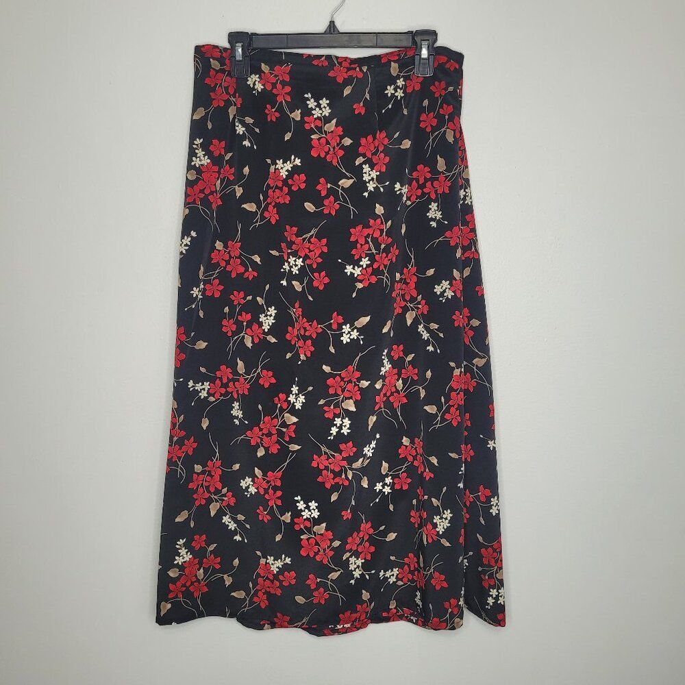 Jaclyn Smith red black floral pull on grunge witchy whimsigoth midi maxi skirt